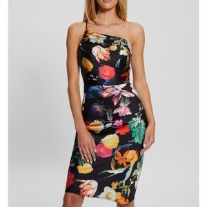 Guess One-Shoulder Floral Dress - Black and Multicolor